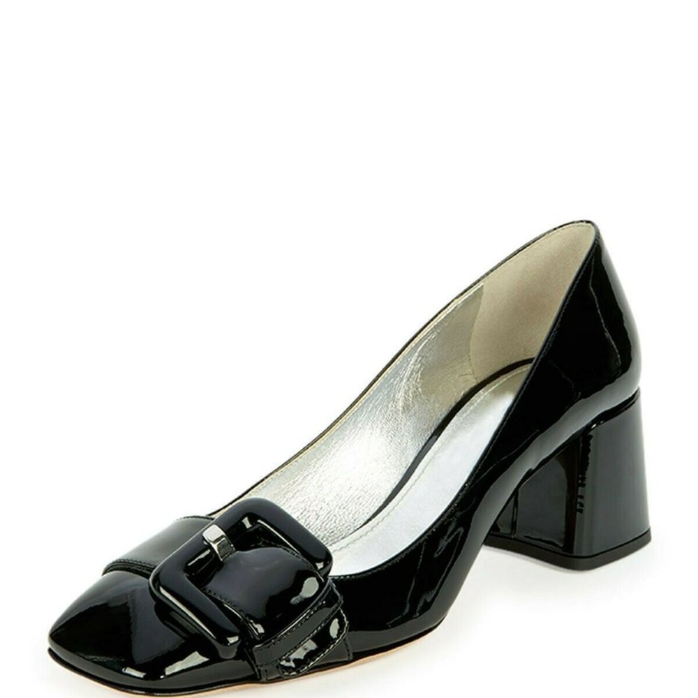 PRADA Luxury Leather Patent Block-Heel Buckle Pump - Black - 38.5 (EUR) - EUC